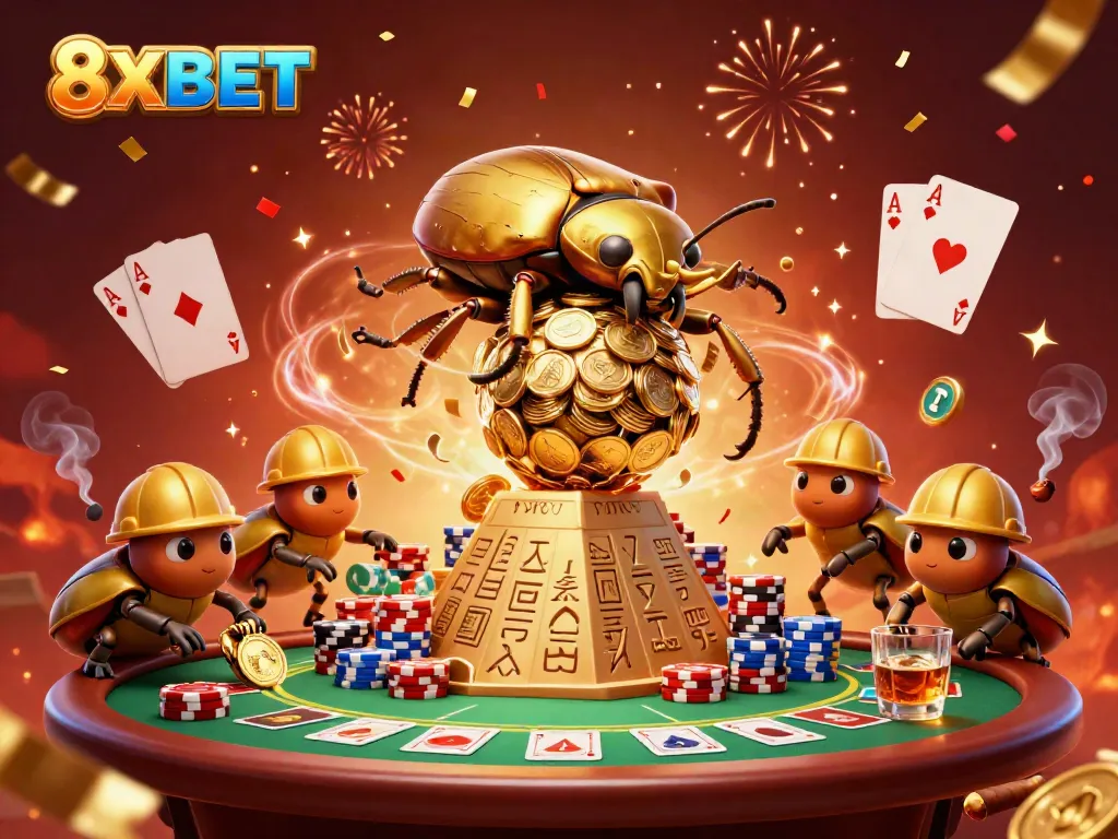 Engage with 8XBET's vibrant casino adventure featuring golden riches and poker excitement.