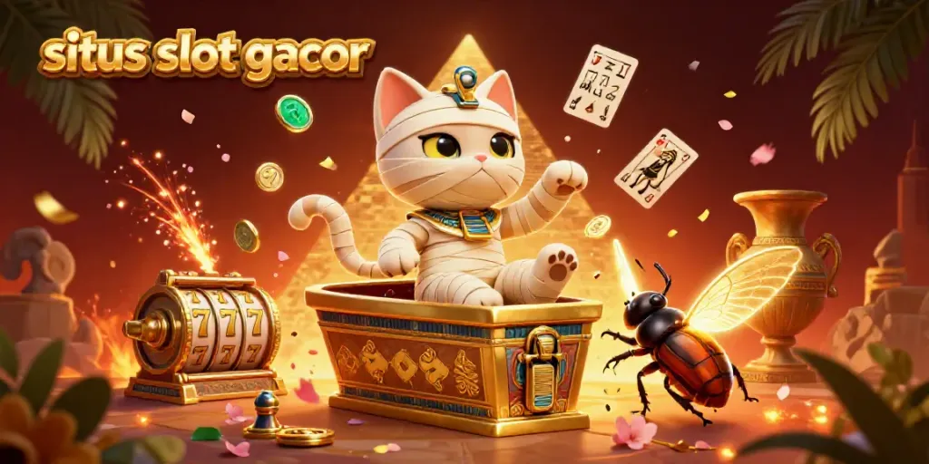 Engage with the situs slot gacor in a vibrant casino scene featuring a mummy cat and glowing scarab
