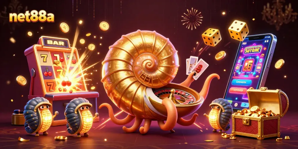 Experience big wins at net88a with 3D ancient nautilus character in a vibrant casino scene.