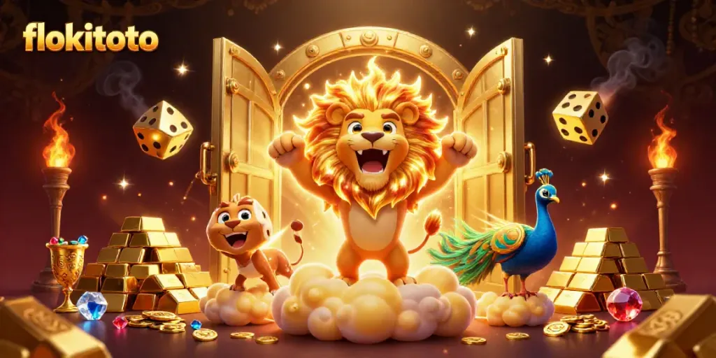 Experience the thrill of winning with flokitoto, showcasing a vibrant casino scene filled with treasures and dynamic elements.