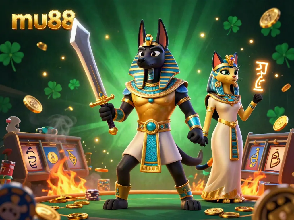 Experience the thrill of gameplay with mu88, depicted through ancient Egyptian warrior Anubis and sacred cats in a vibrant casino setting.