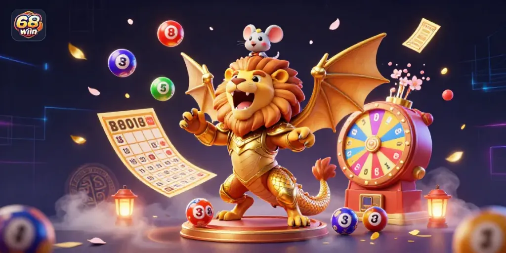 Experience the excitement of 68win with a victorious chimera surrounded by vibrant lottery elements and a magical atmosphere.