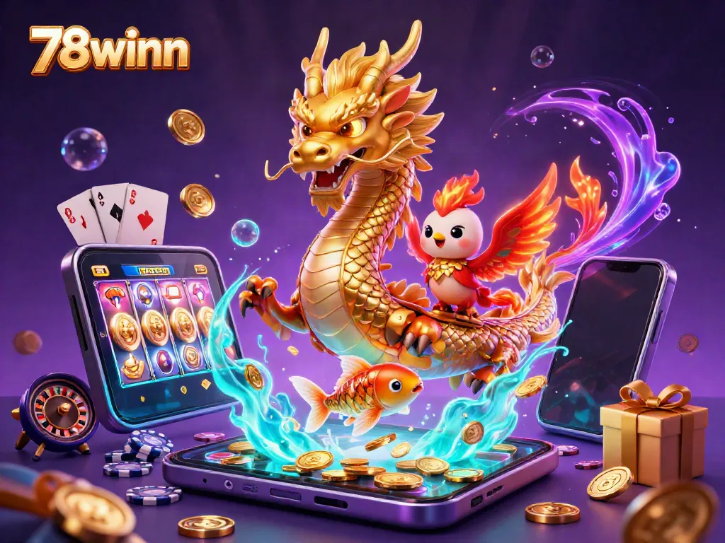 Experience exciting wins with 78winn in this vibrant 3D casino illustration featuring a dragon, phoenix, and koi fish.