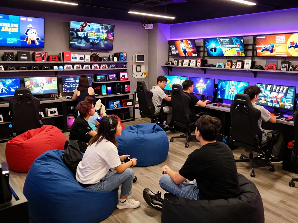 Warung168 gaming store scene with friends enjoying new games.