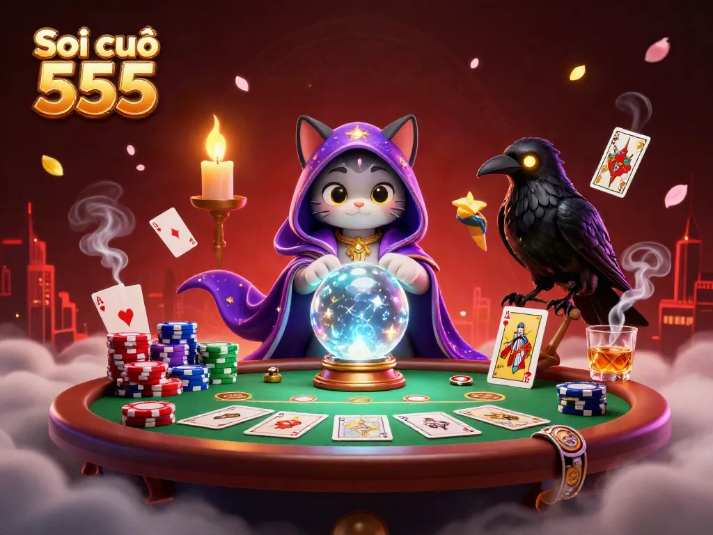 Soi cầu 555 features a mystical cat and a raven amidst poker elements, creating a vibrant gambling scene.