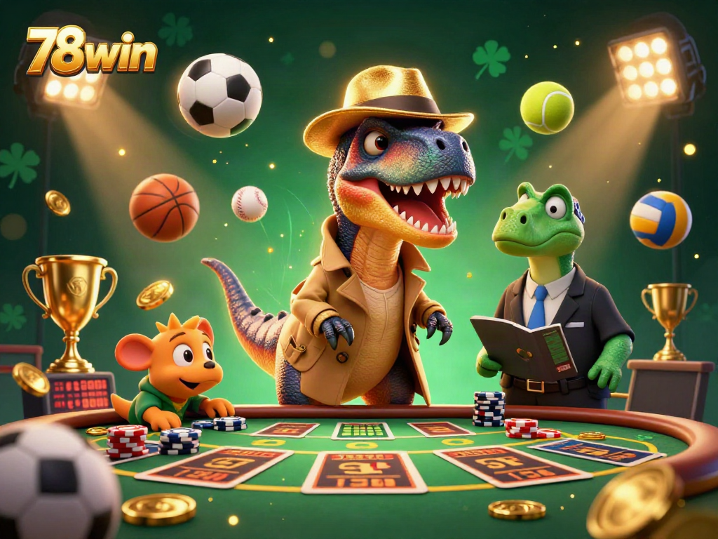 78win sports betting scene with cartoon dinosaurs at a betting table, showcasing exciting game elements.