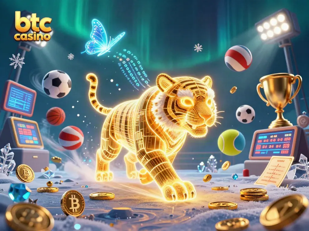 Experience the thrilling ambiance of a btc casino with a neon-lit golden tiger in action.