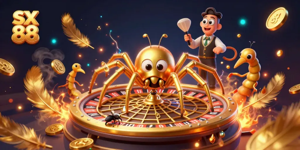 Fly nervously betting at sx 88 roulette web while spider and centipede croupier create excitement.