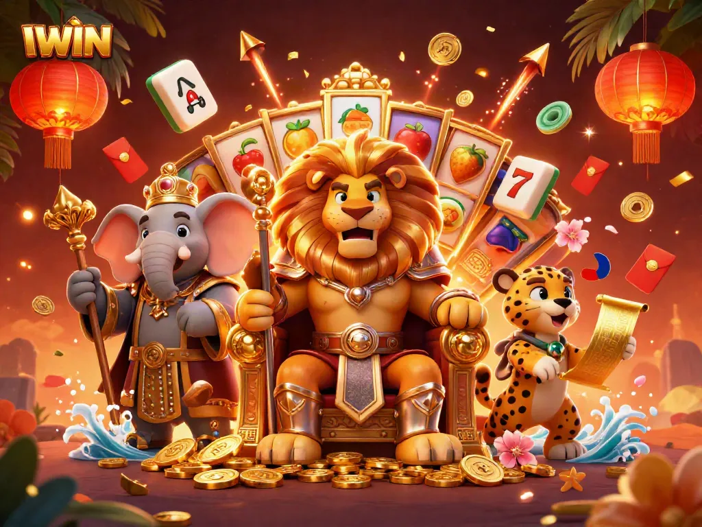 IWIN slots scene depicting a fierce lion king and friends surrounded by vibrant slot reels and festive elements.