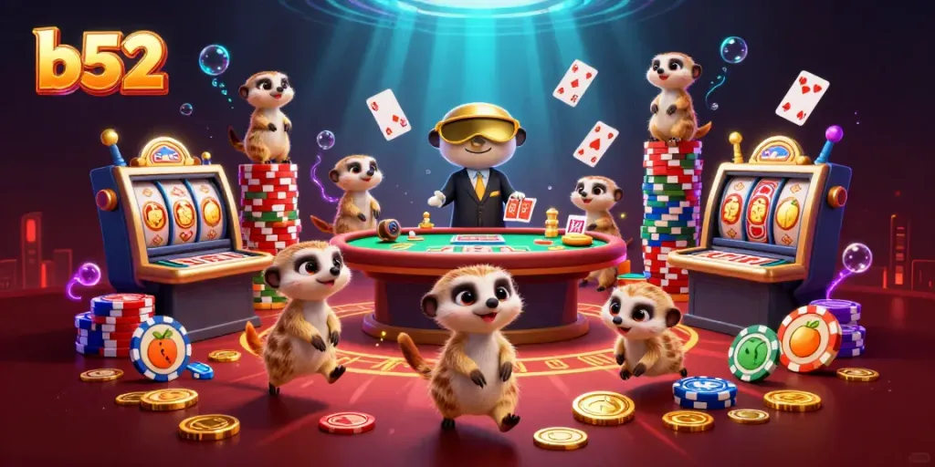 Engaging depiction of b52 casino-themed meerkats navigating a vibrant gaming scene with dynamic card playing.