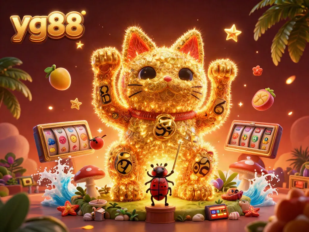 Experience the vibrant energy of yg88 with a dynamic scene of a magical lucky cat and casino symbols.