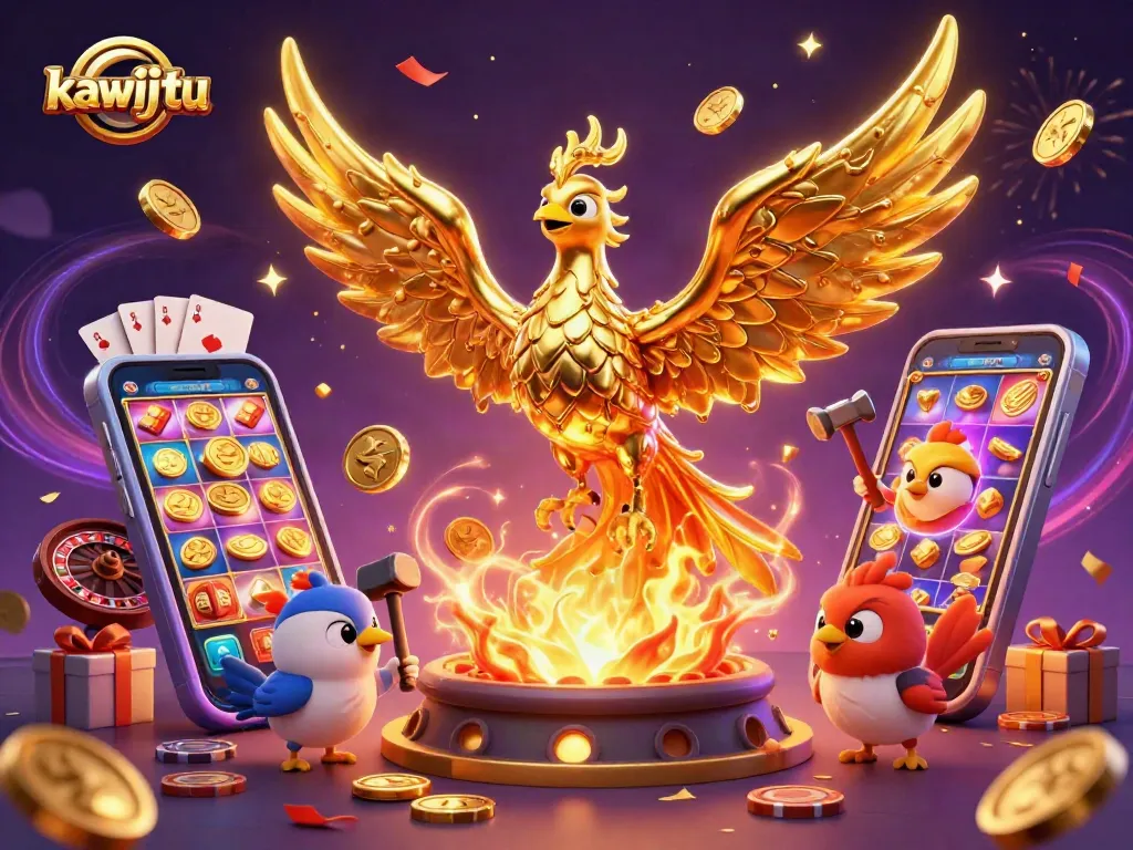 Kawijitu, sebuah ilustrasi judi dengan burung phoenix emas yang mengeluarkan koin, sambil merayakan kemenangan slot.