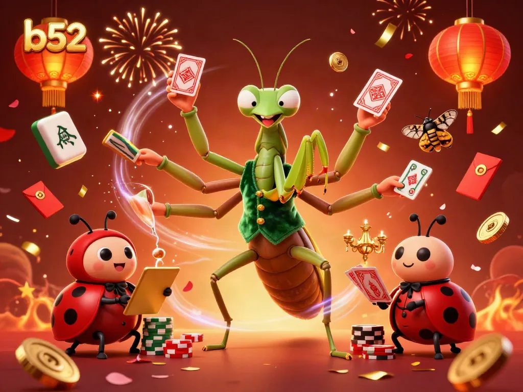 Join a thrilling b52 casino game with a giant praying mantis, ladybug pit boss, and vibrant elements.