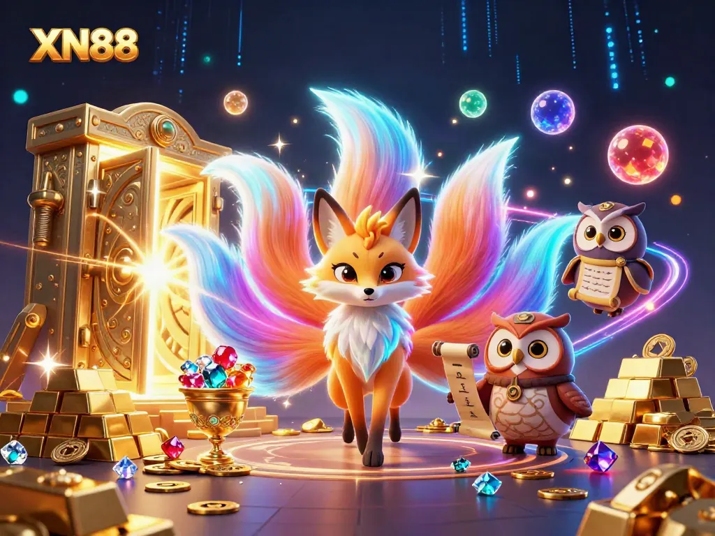 Engage in XN88 slot games featuring a glowing nine-tailed fox spirit and treasure-filled backdrop.