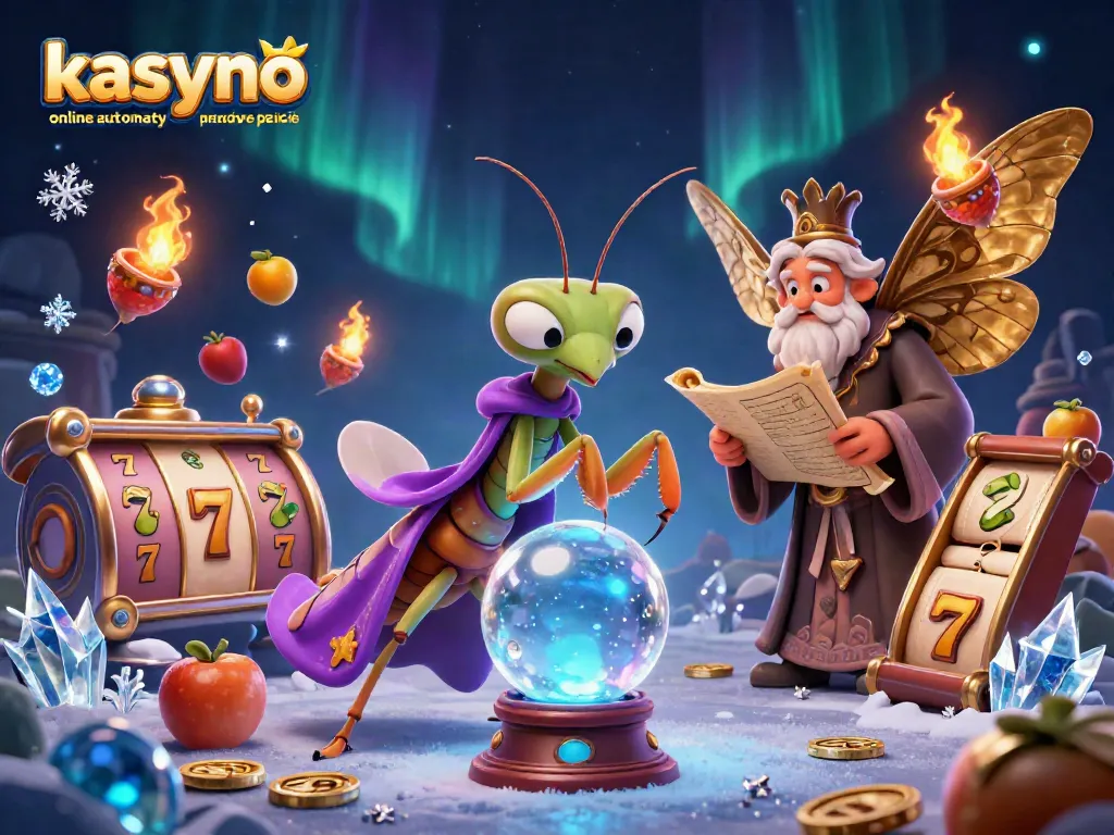 A dynamic scene of a praying mantis fortune teller and moth librarian against a casino backdrop, showcasing kasyno online automaty na prawdziwe pieniądze
