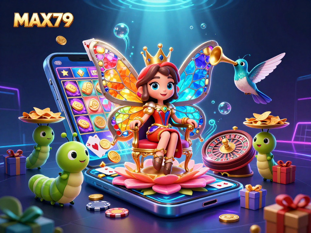 Experience the excitement of MAX79 with immersive scenes of a butterfly queen and gaming elements in an engaging casino atmosphere.