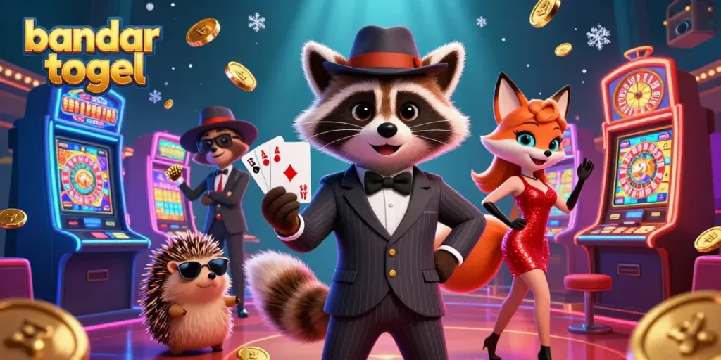 Visualisasi bandar togel dengan karakter animasi bersemangat di latar belakang kasino yang meriah.