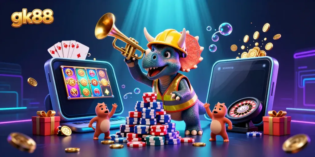 gk88 celebrates victory with a triceratops, poker chips, and lively gaming elements