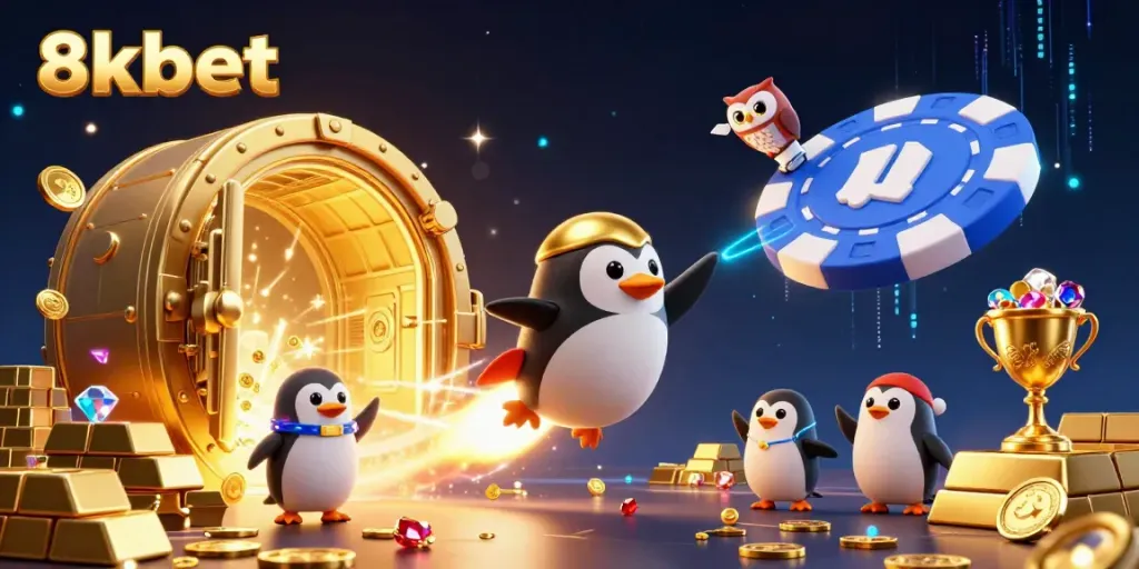 Engage with 8kbet while a golden penguin launches into a casino-themed space adventure.