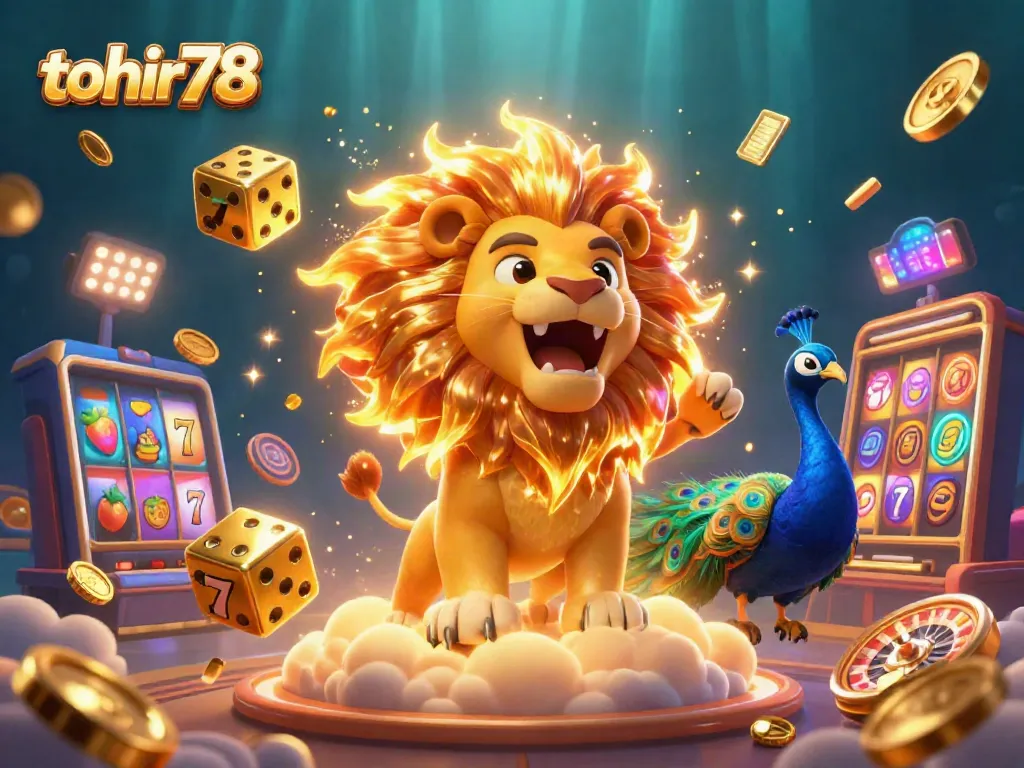 Experience the thrilling world of tohir78, featuring vibrant slot machines, golden coins, and a majestic lion.