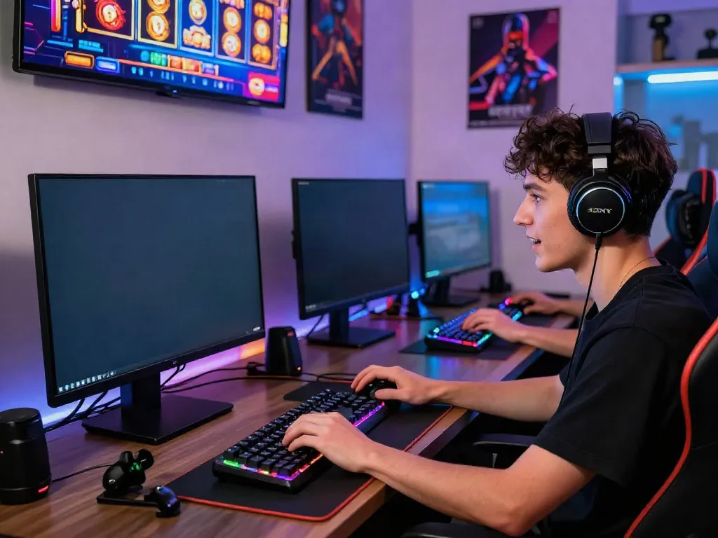 Engaged player enjoying slot gaming on a vibrant gaming setup.