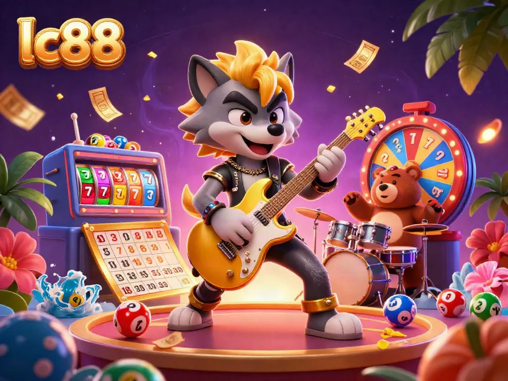 Experience excitement with lc88 at a vibrant casino stage featuring 3D characters, slot reels, and colorful lottery elements.