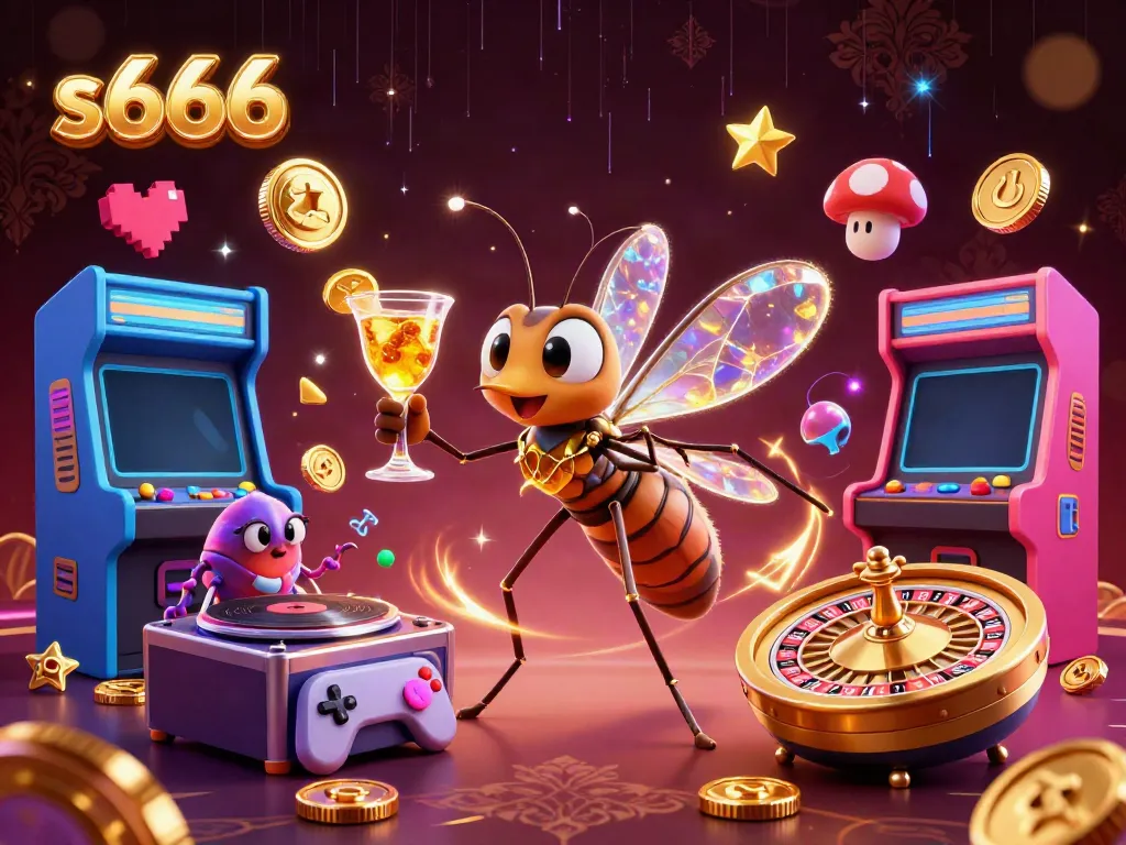 Witnessing the vibrant s666 casino, a 3D mosquito mascot celebrates with golden cocktails and excitement.