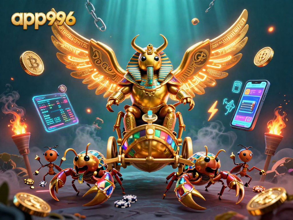 Join the excitement with app996: 3D illustration of a golden scarab beetle in a vibrant casino scene.