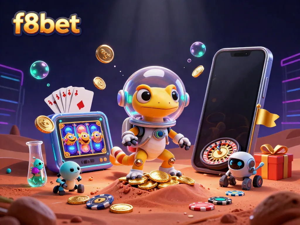 Experience the thrill of f8bet with a dynamic casino scene featuring a Martian gecko and 3D gaming elements.