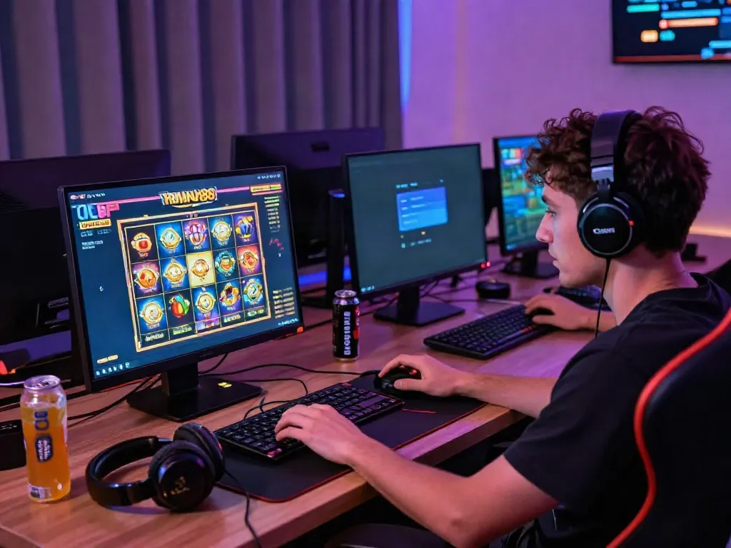 Engaged player enjoying slot88 games on a laptop in a vibrant gaming space.