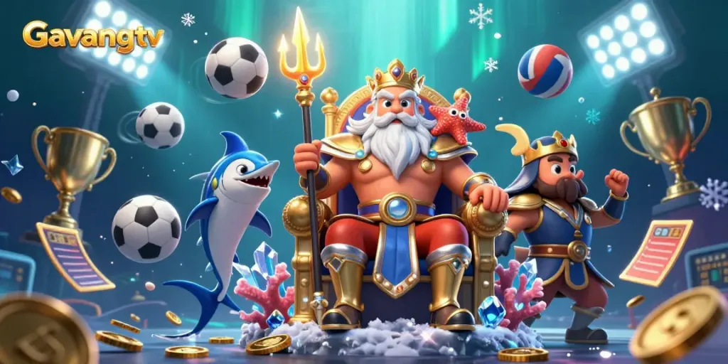 Gavangtv elevates betting excitement with a dynamic 3D scene featuring Neptune and sports elements.