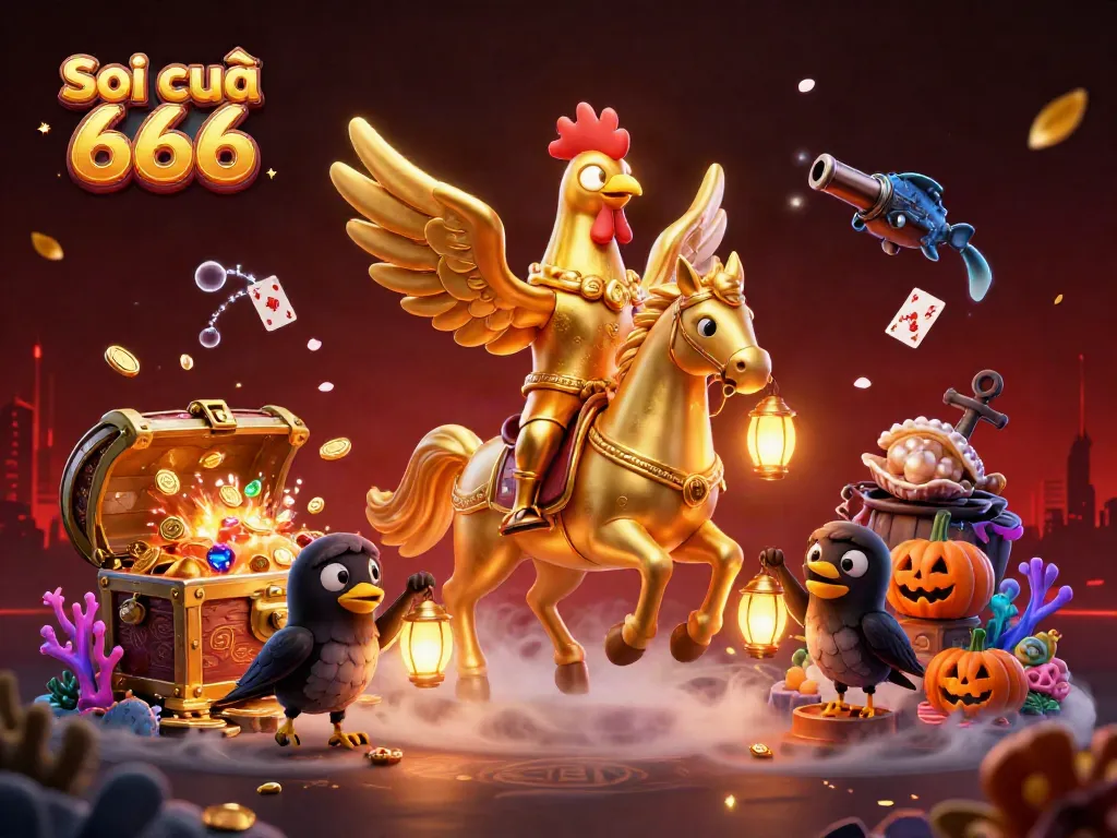 Soi cầu 666 illustrates a golden rooster on a spectral horse, revealing treasures in a casino atmosphere.
