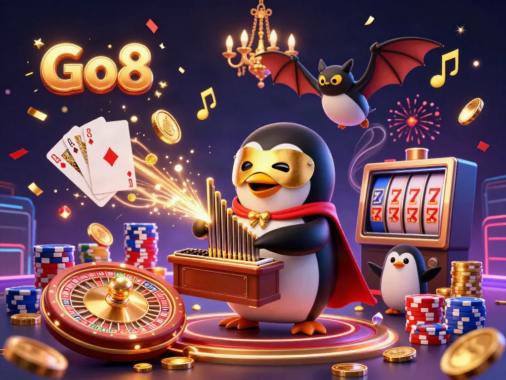 The Go8 penguin creates excitement in the casino, shooting gold coins and musical notes.