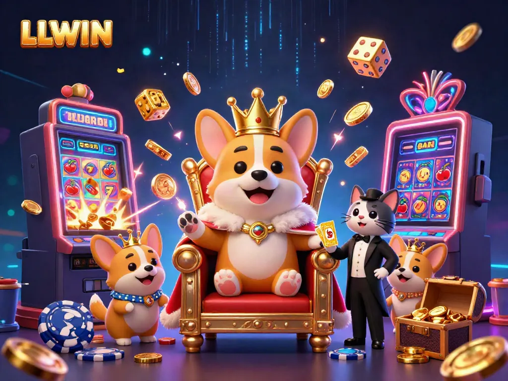 Experience LLWIN's royal gaming throne with vibrant jackpot elements, a cartoon corgi, and a professional atmosphere.