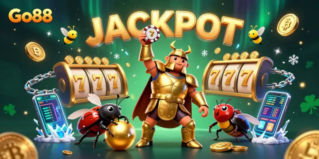 Experience the Go88 jackpot with a 3D cartoon beetle lifting a poker chip in a lively casino scene.