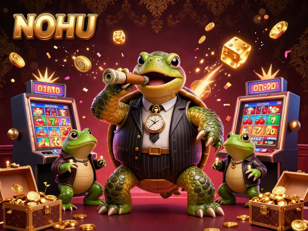 Engage your luck at NOHU with a vibrant casino scene featuring a snapping turtle and bullfrogs.