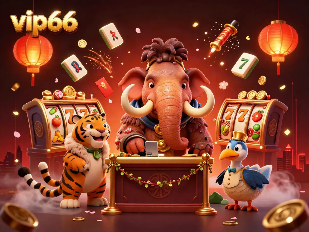 Check IDs at the door of vip66 with a bouncer woolly mammoth, featuring stunning casino elements.