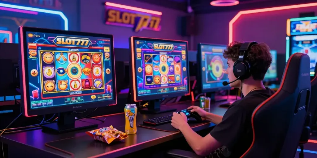 SLOT777 player engaging with vibrant slot machine graphics in an immersive gaming room.