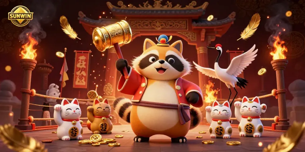 SUNWIN captures a vibrant 3D scene with lucky tanuki, samurai crane, and waving fortune cats in a festive casino atmosphere.