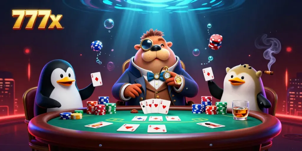 Experience exciting poker action at 777x with a jolly walrus and friends in this underwater casino.