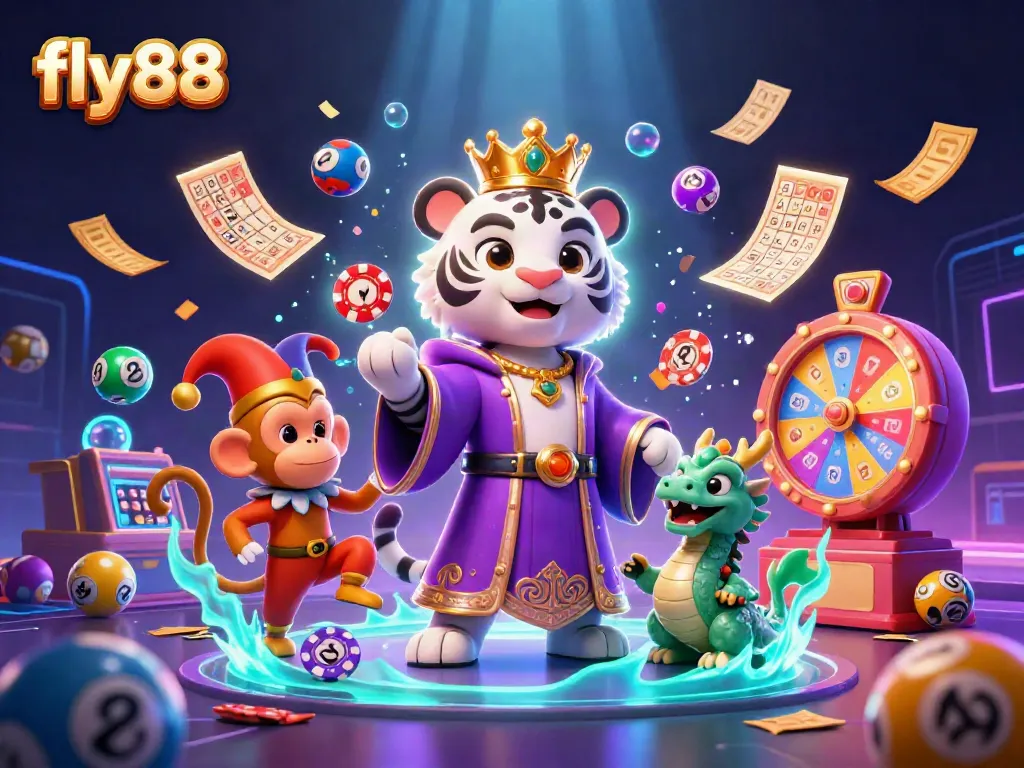 Experience the vibrant world of fly88 with a playful illustration of a white tiger, monkey juggling chips, and dynamic lottery elements.