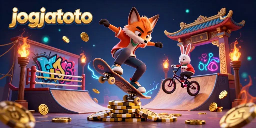 Experience jogjatoto with vibrant casino symbols, gold poker chips, and animated cartoon characters filled with action.