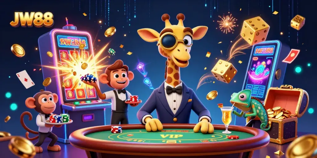 Experience the excitement of JW88 with vibrant casino action featuring a giraffe and friends.