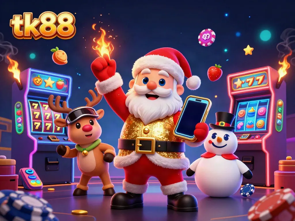 Engage in the excitement of tk88 casino with characters enjoying slots and jackpot wins.