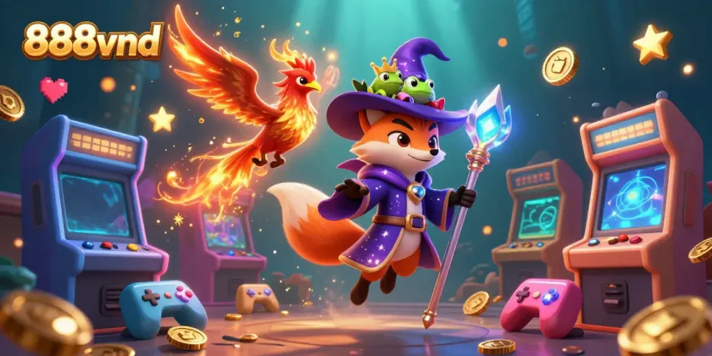 Engage with exciting slot games at 888vnd, featuring a mystical wizard fox in a vibrant casino scene.