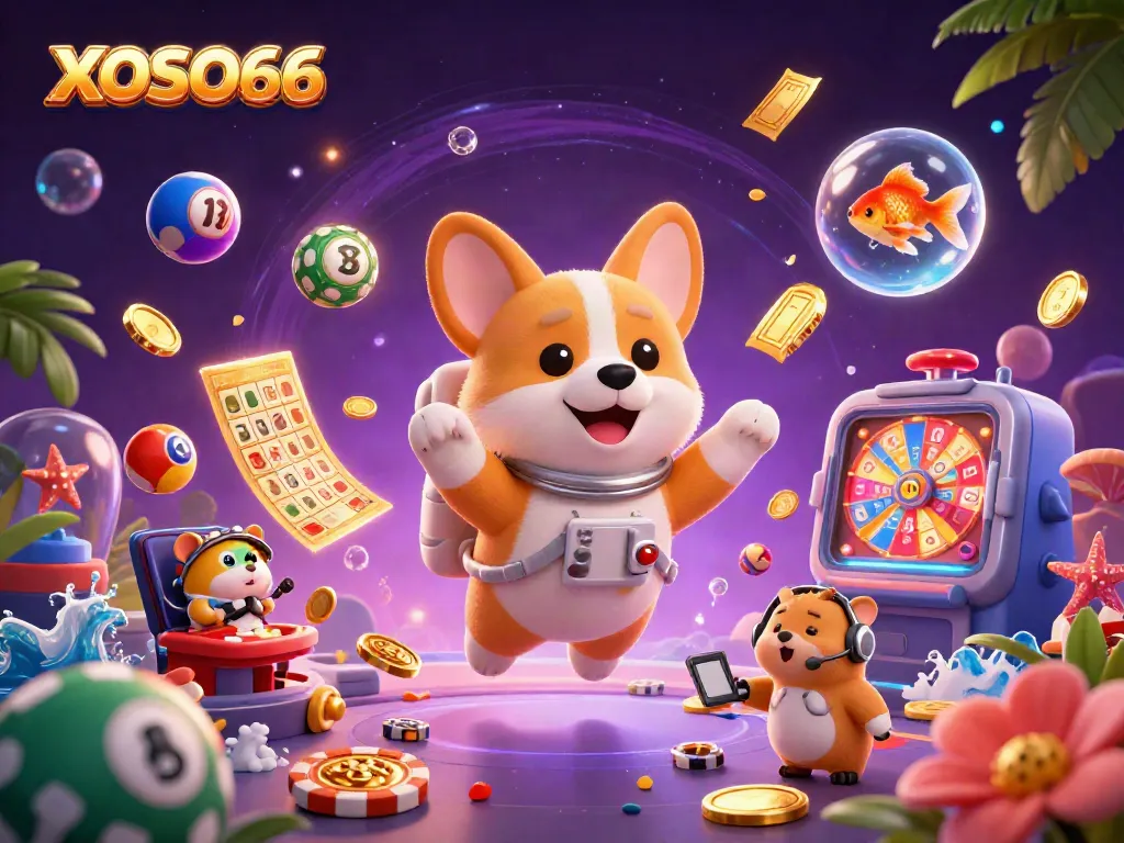 Experience XOSO66’s vibrant casino atmosphere while drifting with floating poker chips and golden coins.