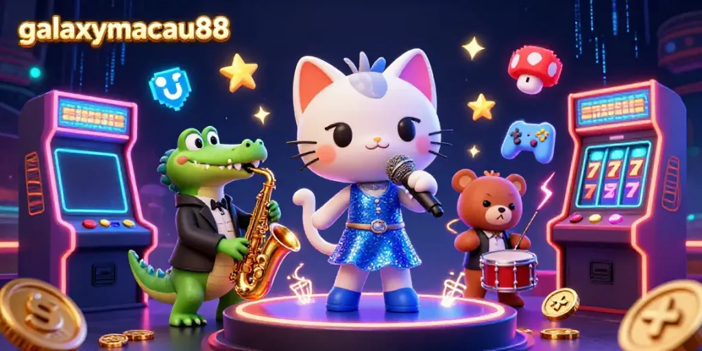 Engage with the vibrant gaming scene of galaxymacau88, featuring a jazzy cat singer and dynamic casino elements.