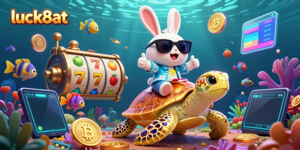 Engage in thrilling slot games at luck8at with a lively 3D scene featuring a lucky rabbit and a golden sea turtle.