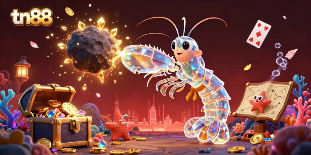 Experience tn88's thrilling adventure with vibrant underwater scenes filled with gold coins and a cartoon mantis shrimp hero.