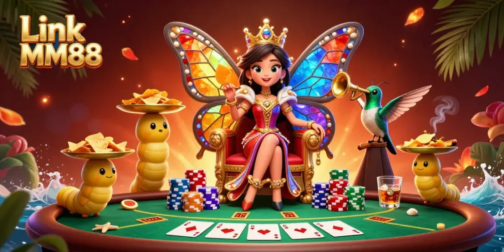 Experience gaming excitement with Link MM88 in a vibrant, animated casino scene.